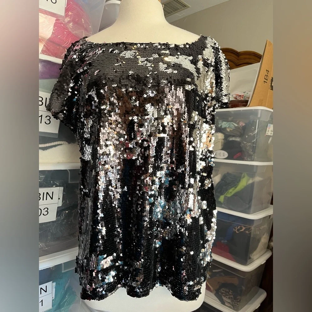 BB Dakota Shimmering Black and Silver Sequin Top